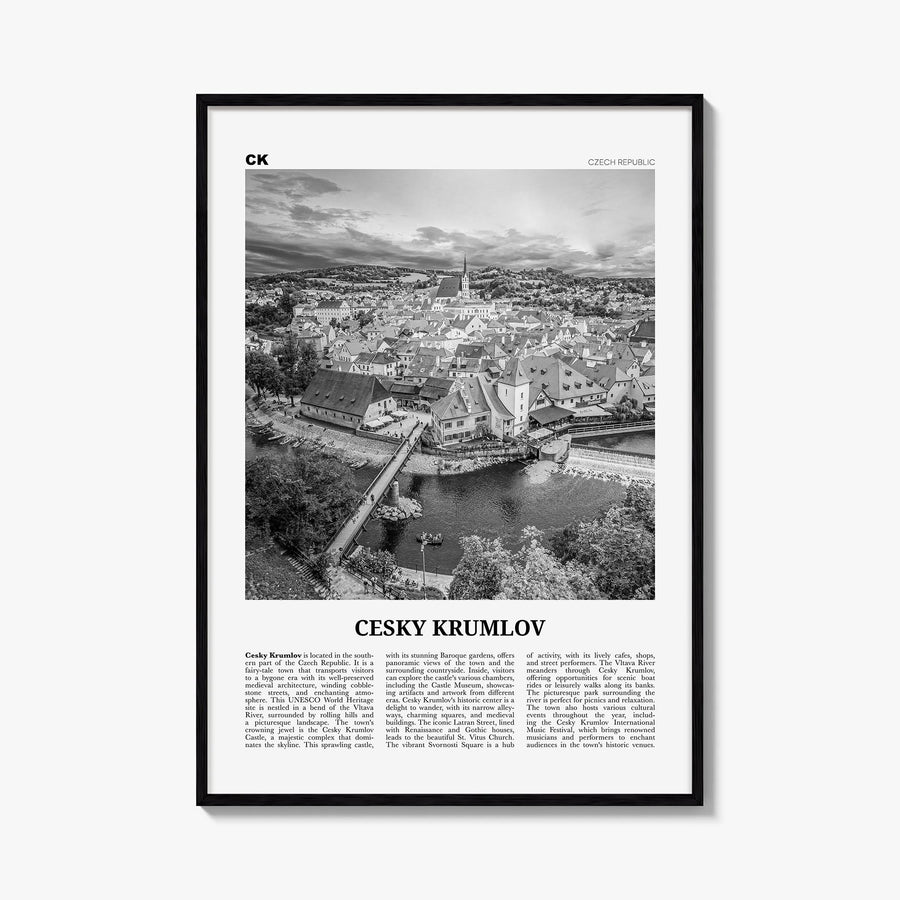 Český Krumlov black & white newspaper poster of Cesky Krumlov, Czechia – vertical wall art, unframed print shown in interior 