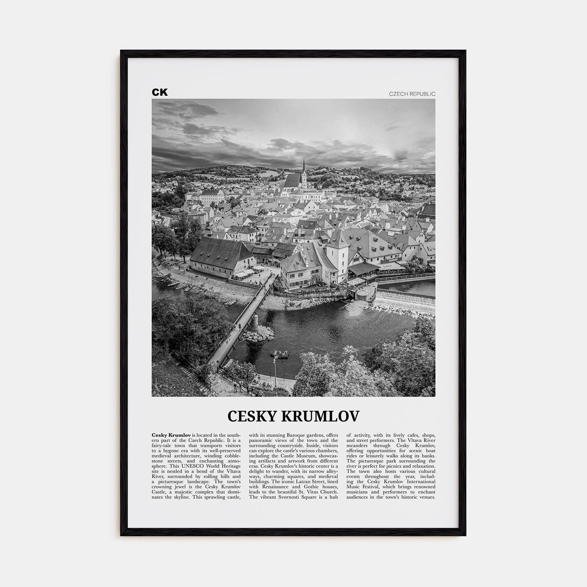 Cesky Krumlov Poster Black Wood / 8x12 in Nbourhood Travel B&W Poster