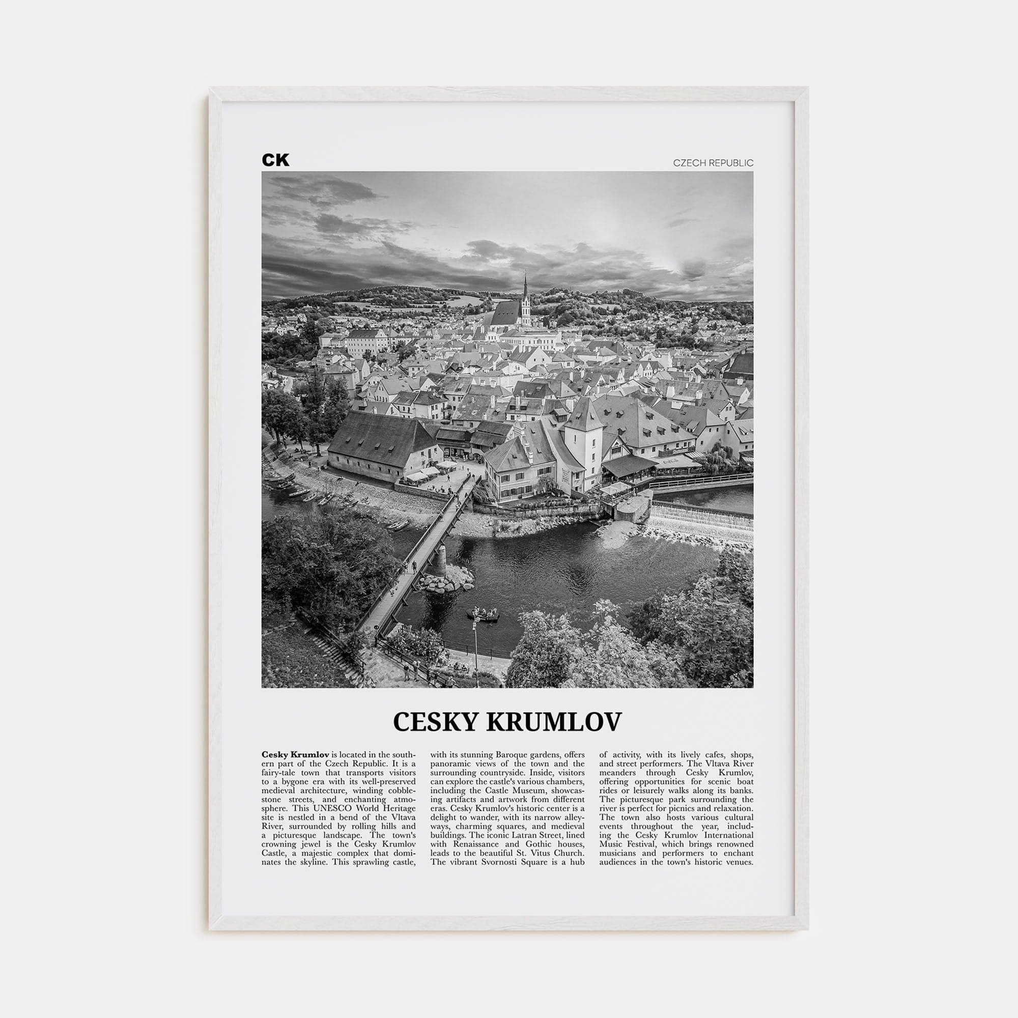 Cesky Krumlov Poster White Wood / 8x12 in Nbourhood Travel B&W Poster