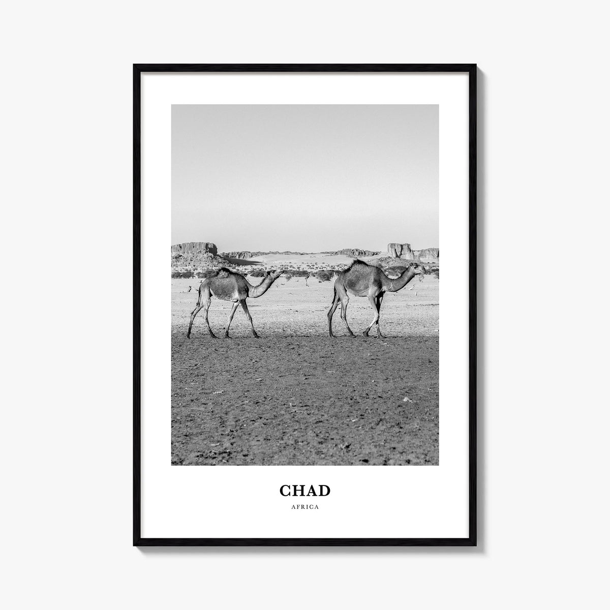 Chad black & white classic poster of Africa – vertical wall art, unframed print shown in interior mockup
