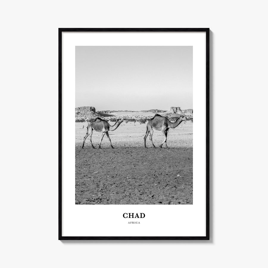 Chad black & white classic poster of Africa – vertical wall art, unframed print shown in interior mockup