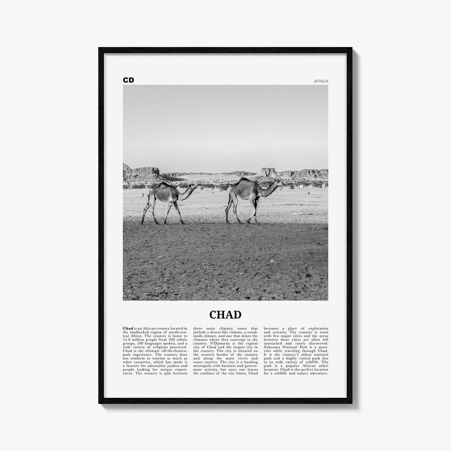 Chad black & white newspaper poster of Africa – vertical wall art, unframed print shown in interior mockup