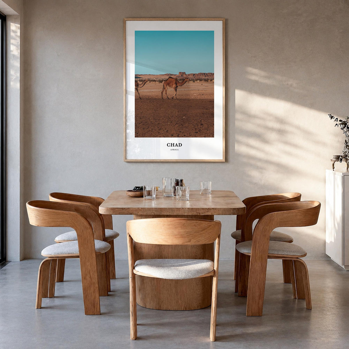 Chad colorful classic poster of Africa – vertical wall art in natural wood frame, hanging on wall