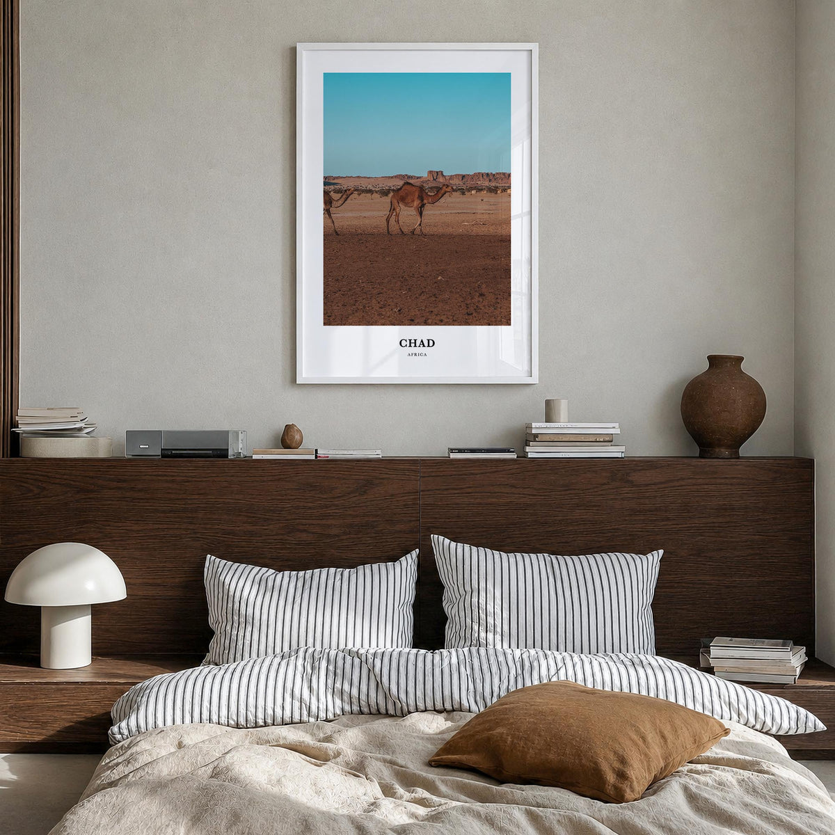Chad colorful classic poster of Africa – vertical wall art in white wood frame, hanging on wall