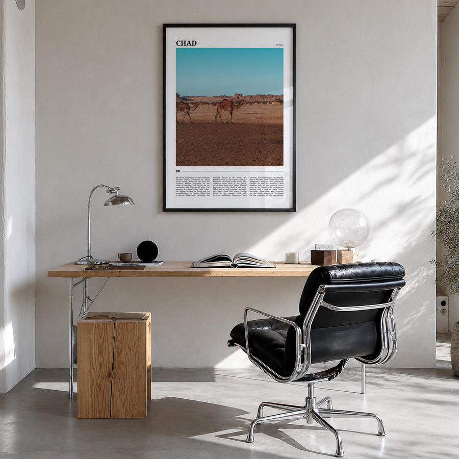 Chad colorful travel poster of Africa – vertical wall art in black wood frame, hanging on wall