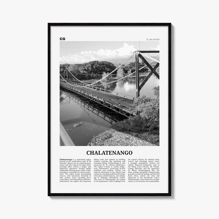 Chalatenango black & white newspaper poster of El Salvador – vertical wall art, unframed print shown in interior mockup