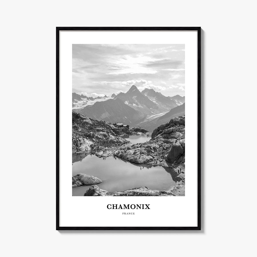 Chamonix black & white classic poster of France – vertical wall art, unframed print shown in interior mockup