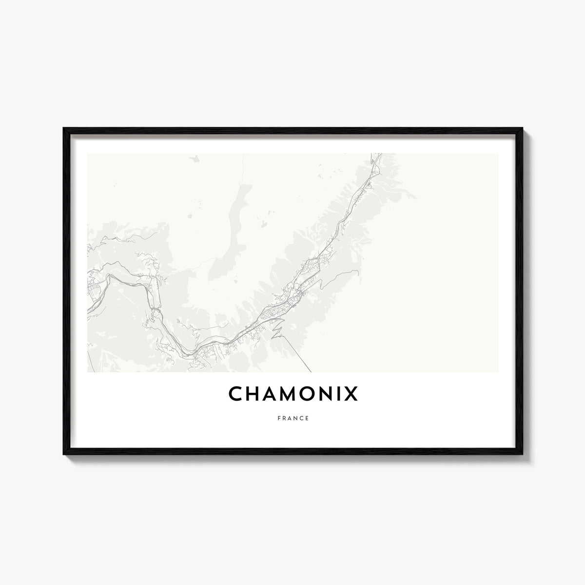 Chamonix black & white map poster of France – horizontal wall art, unframed print shown in interior mockup