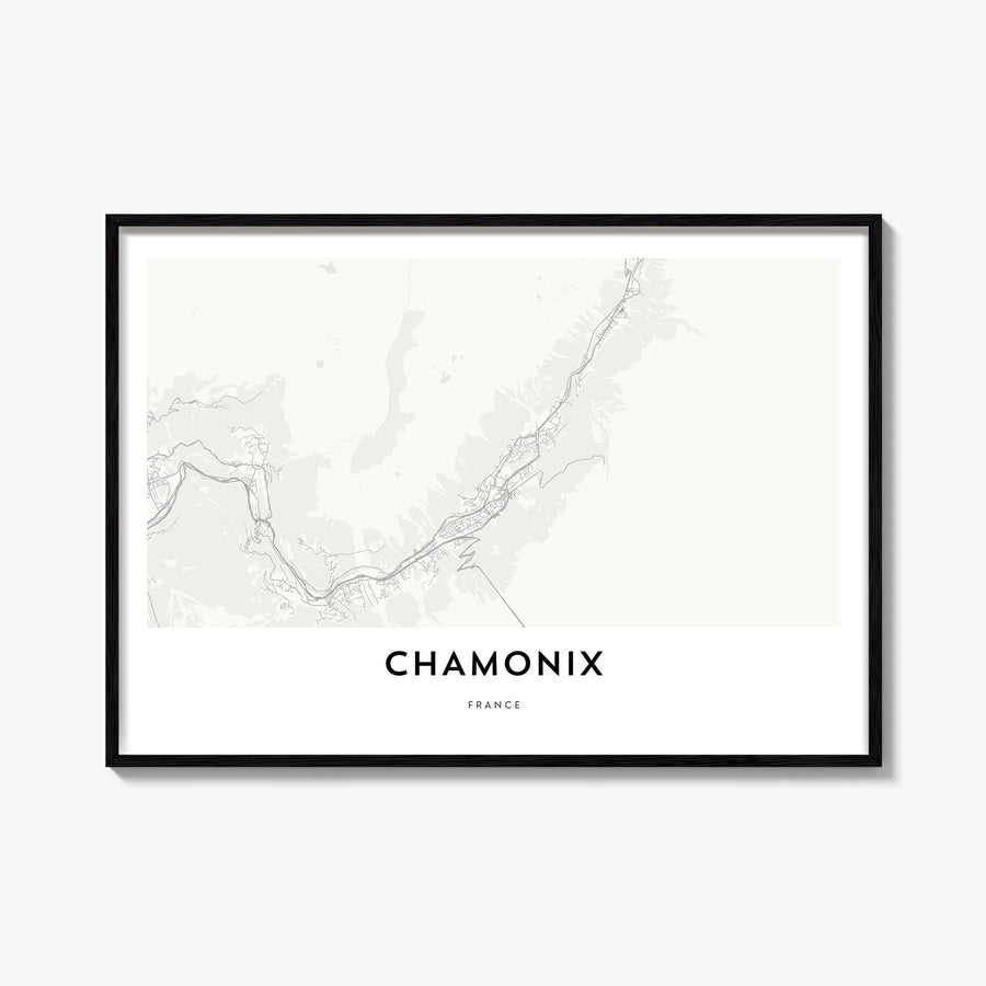 Chamonix black & white map poster of France – horizontal wall art, unframed print shown in interior mockup