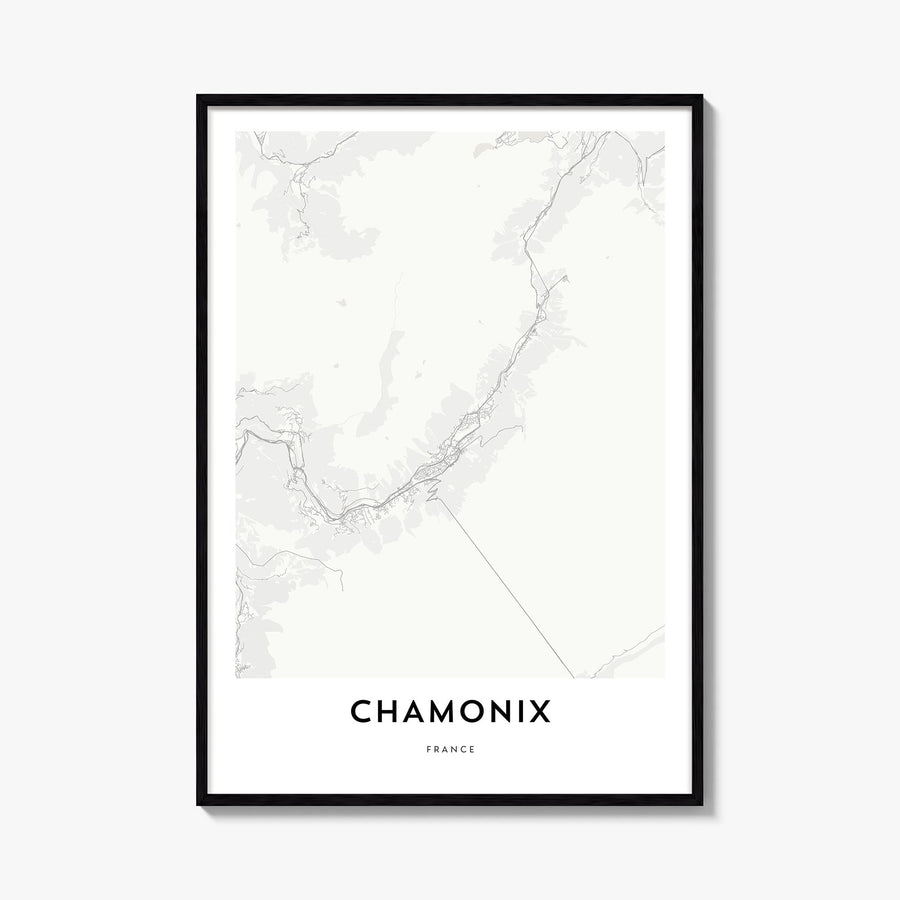 Chamonix black & white map poster of France – vertical wall art, unframed print shown in interior mockup