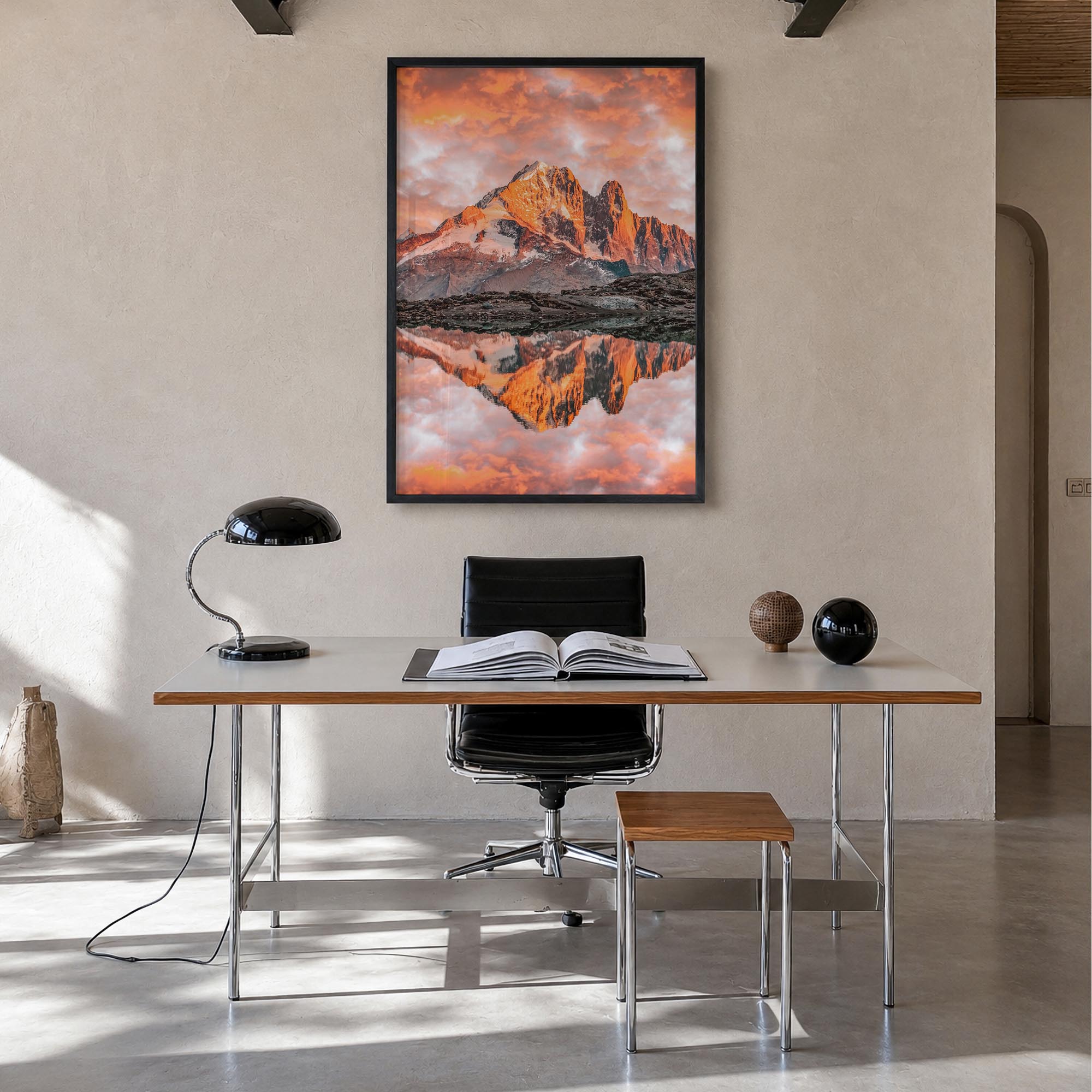 Chamonix colorful photo poster of France – vertical wall art in black wood frame, hanging on wall