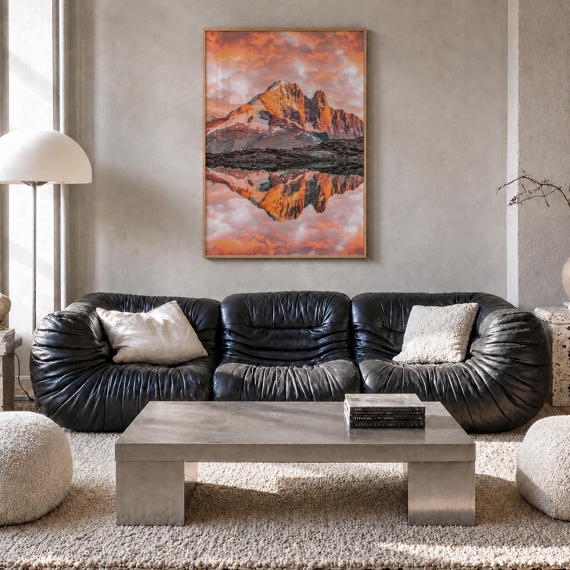 Chamonix colorful photo poster of France – vertical wall art in natural wood frame, hanging on wall