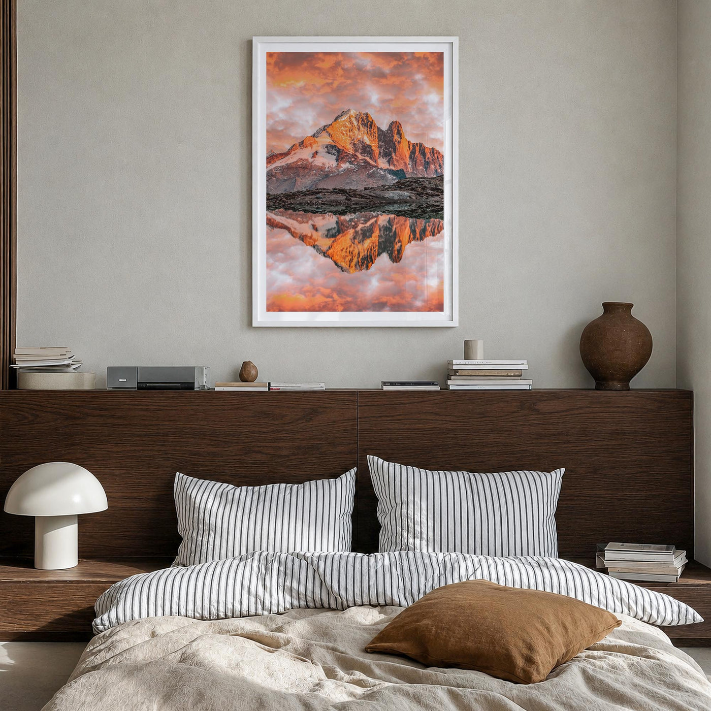 Chamonix colorful photo poster of France – vertical wall art in white wood frame with white border, hanging on wall