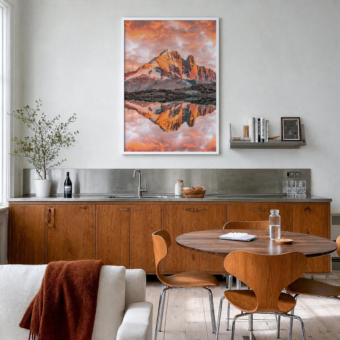 Chamonix colorful photo poster of France – vertical wall art in white wood frame, hanging on wall