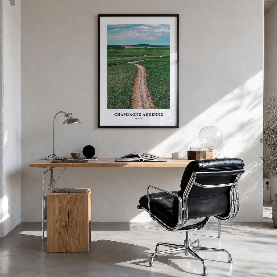 Champagne-Ardenne colorful classic poster of France – vertical wall art in black wood frame, hanging on wall