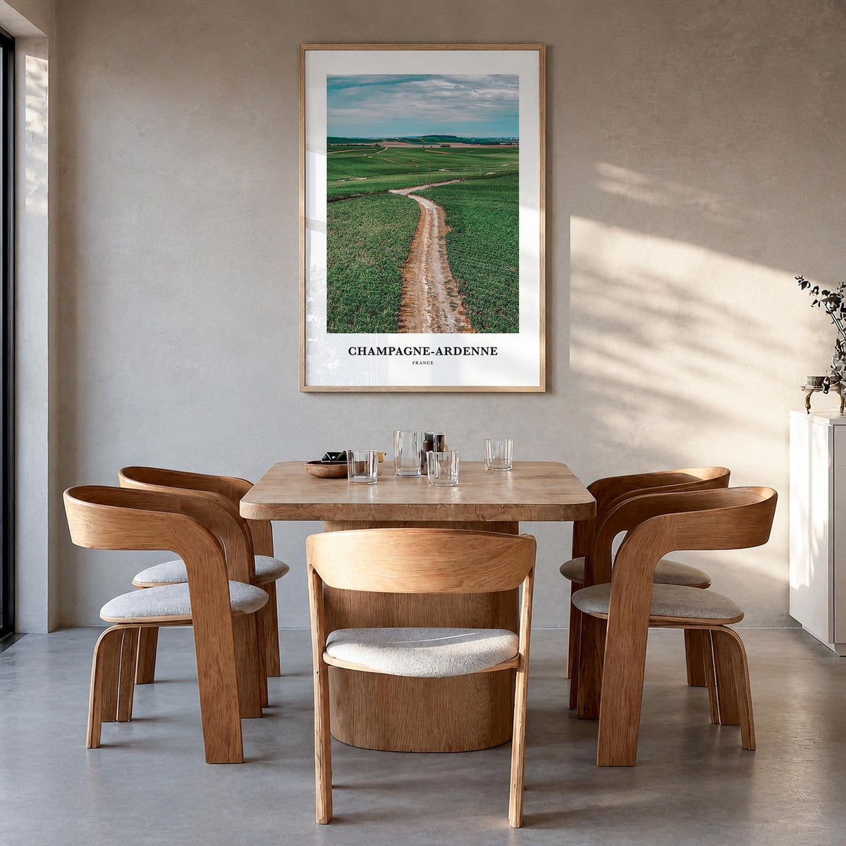 Champagne-Ardenne colorful classic poster of France – vertical wall art in natural wood frame, hanging on wall