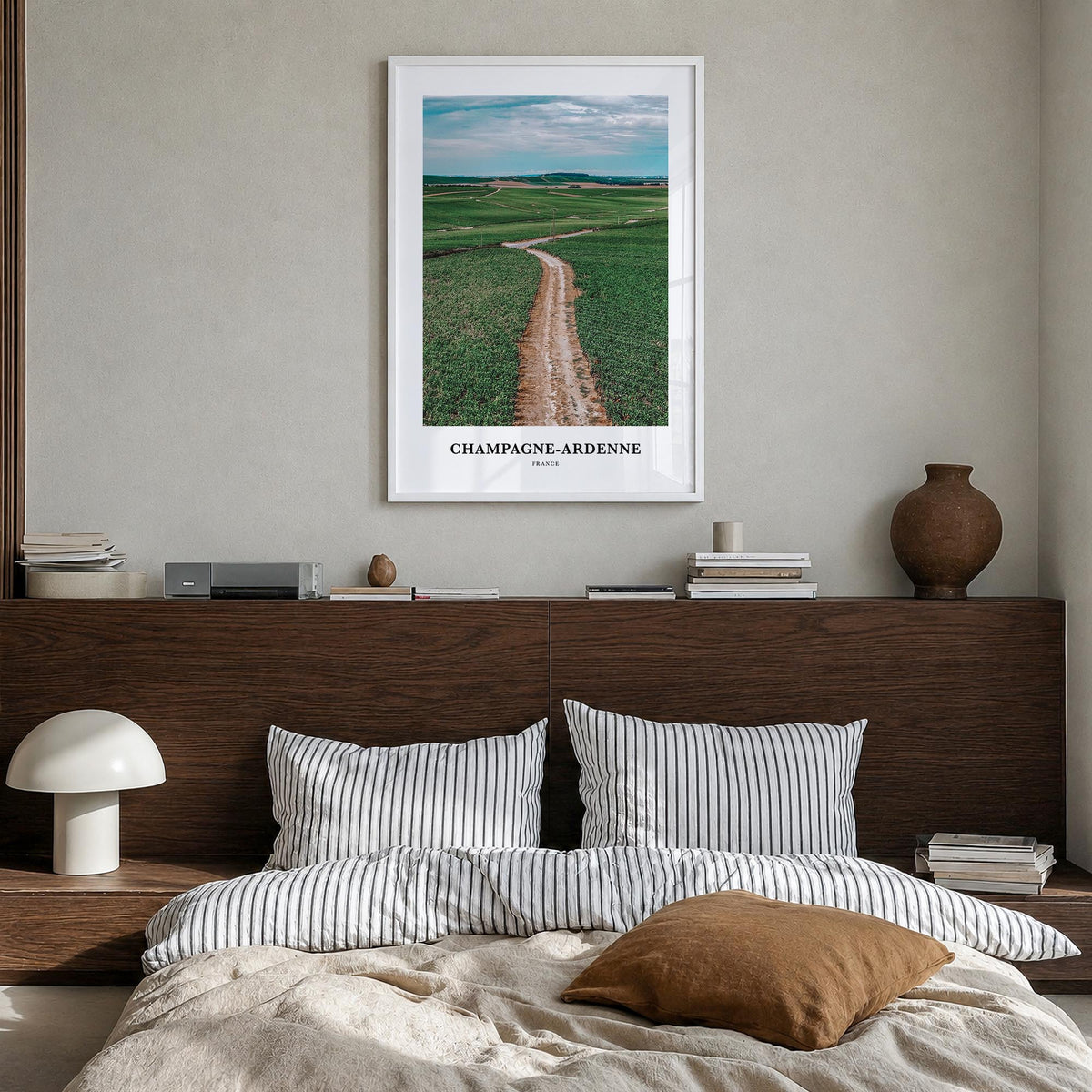 Champagne-Ardenne colorful classic poster of France – vertical wall art in white wood frame, hanging on wall