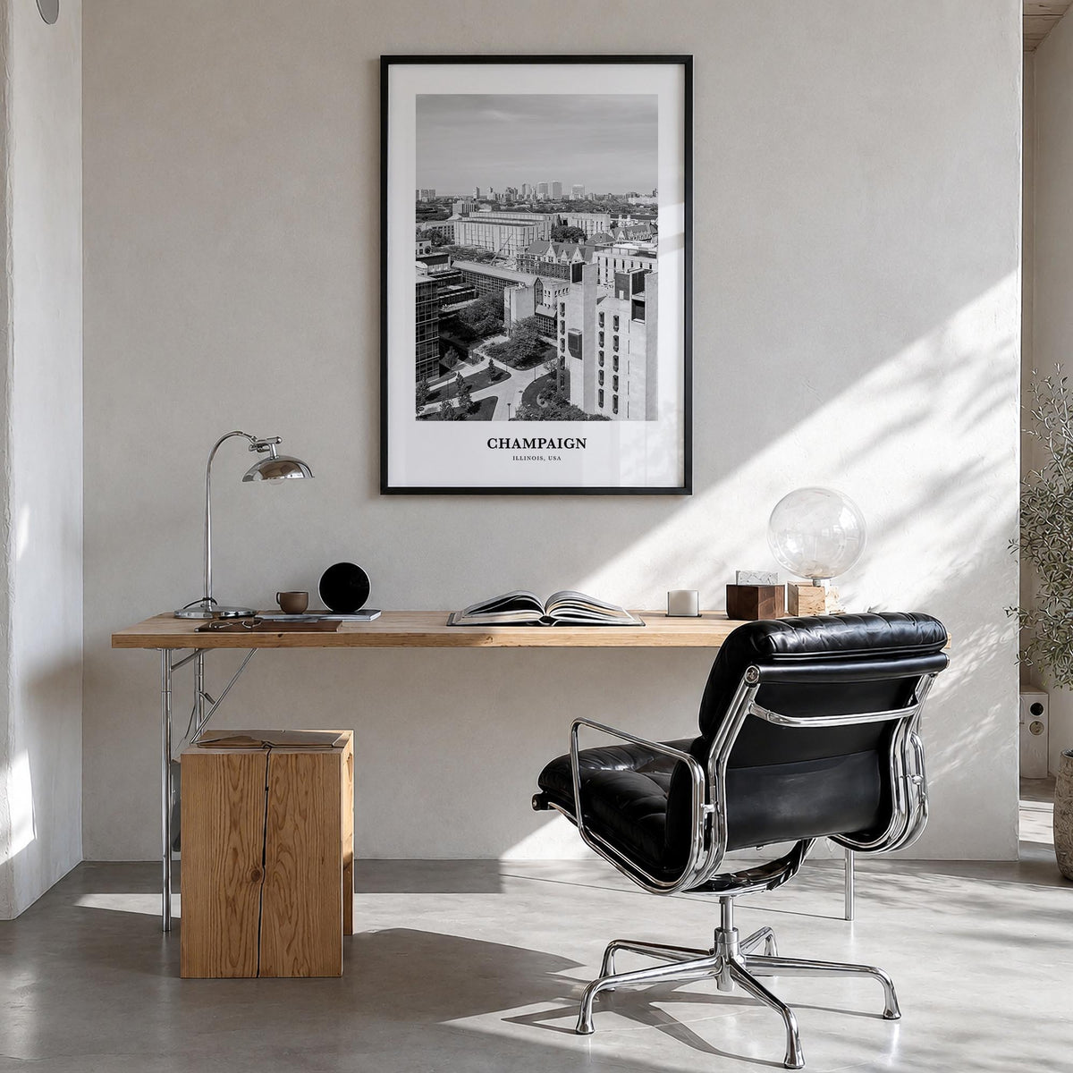 Champaign black & white classic poster of Illinois, USA – vertical wall art in black wood frame, hanging on wall