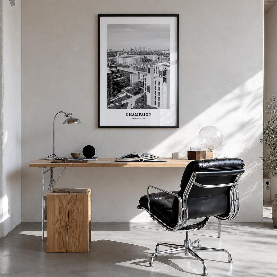 Champaign black & white classic poster of Illinois, USA – vertical wall art in black wood frame, hanging on wall