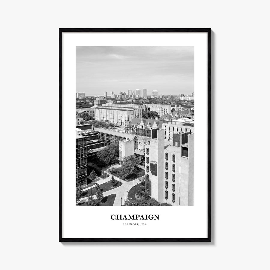 Champaign black & white classic poster of Illinois, USA – vertical wall art, unframed print shown in interior mockup