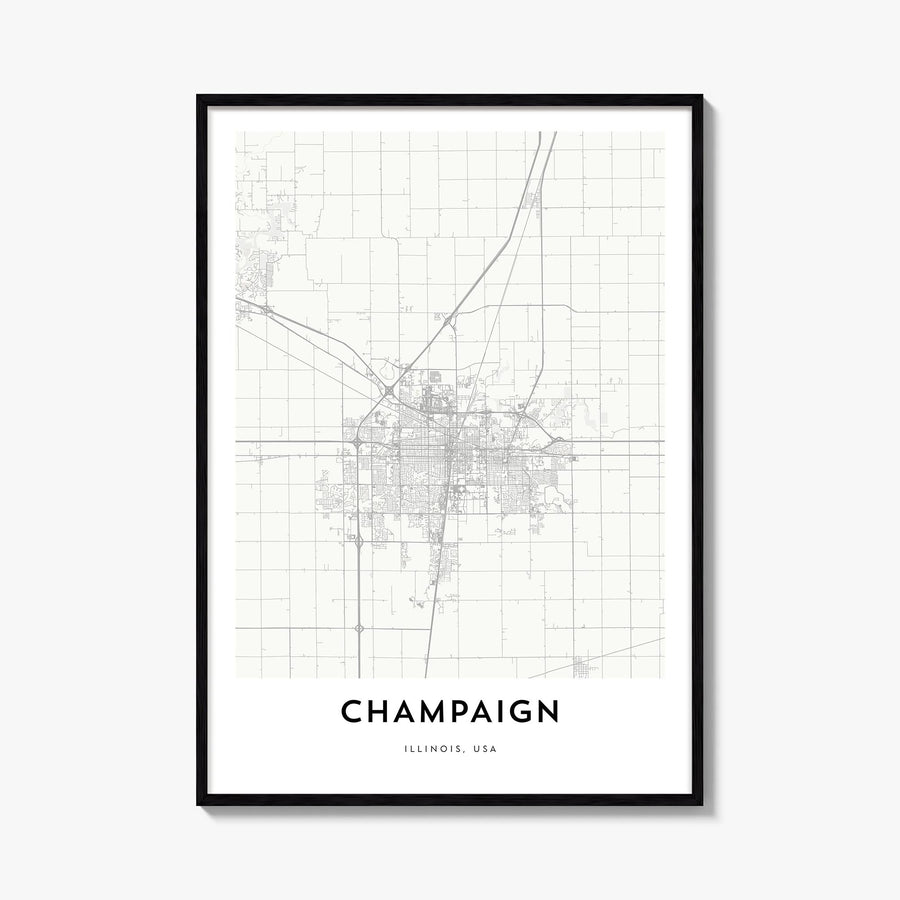 Champaign black & white map poster of Illinois, USA – vertical wall art, unframed print shown in interior mockup