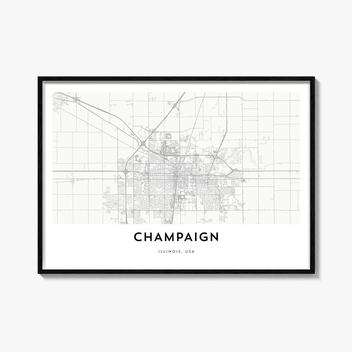 Champaign black & white map poster of Illinois, USA – horizontal wall art, unframed print shown in interior mockup