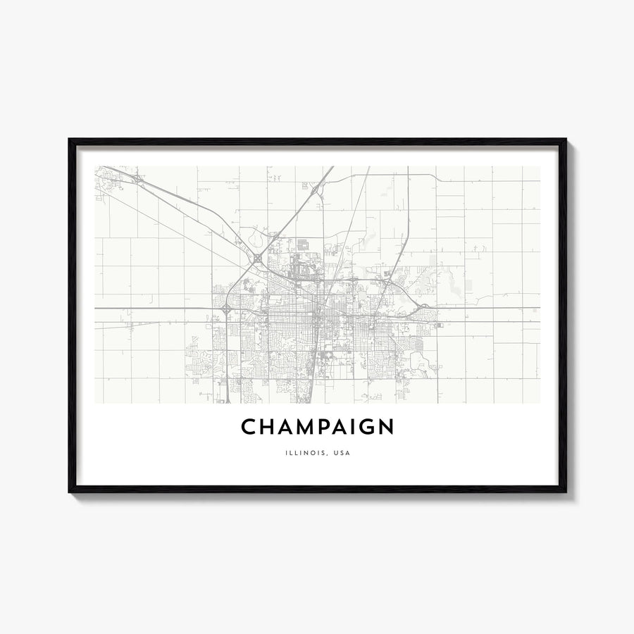 Champaign black & white map poster of Illinois, USA – horizontal wall art, unframed print shown in interior mockup