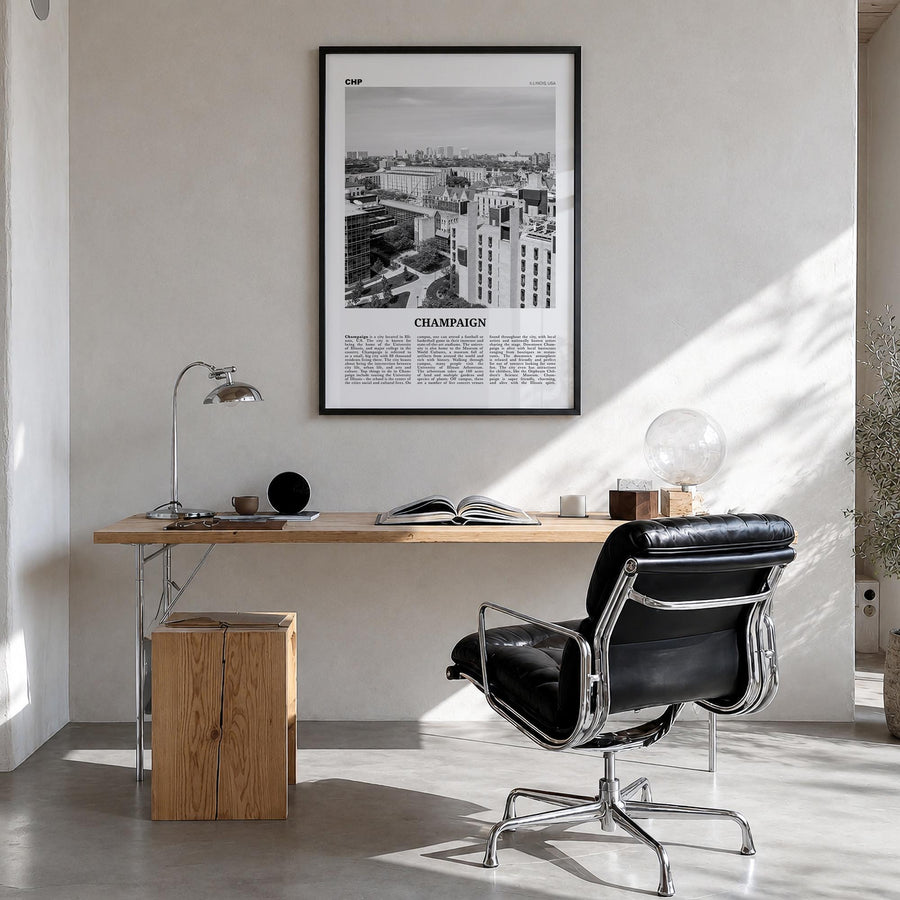 Champaign black & white newspaper poster of Illinois, USA – vertical wall art in black wood frame, hanging on wall