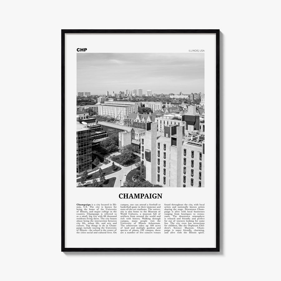 Champaign black & white newspaper poster of Illinois, USA – vertical wall art, unframed print shown in interior mockup