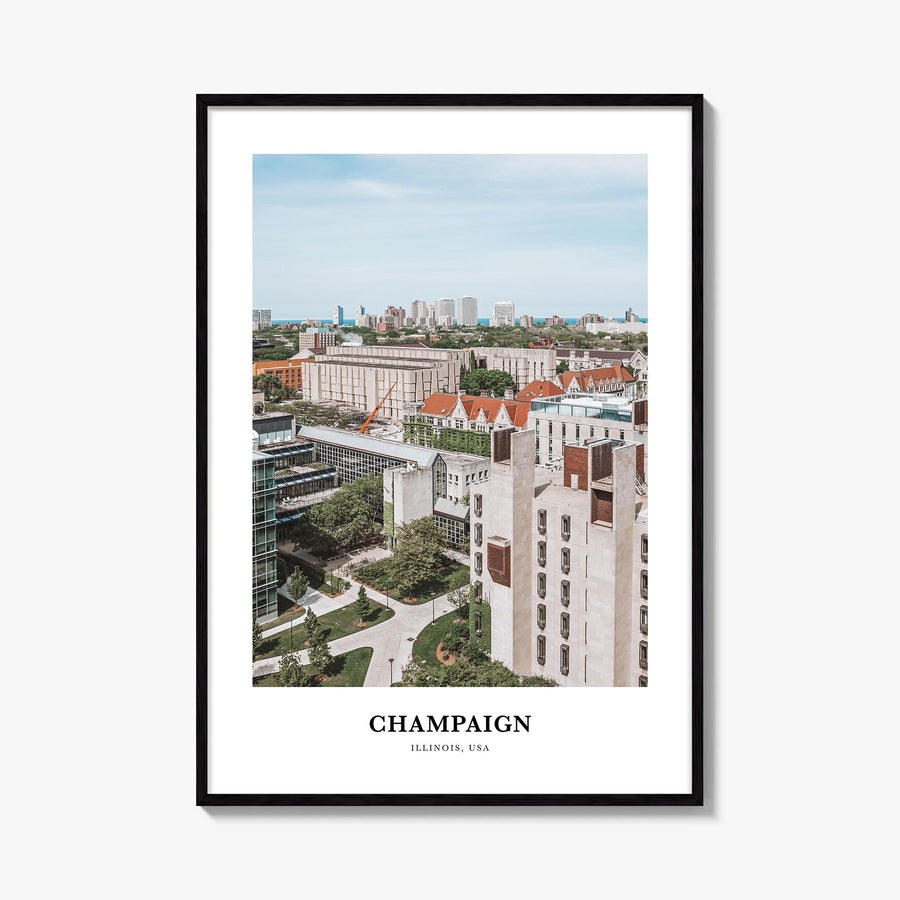 Champaign colorful classic poster of Illinois, USA – vertical wall art, unframed print shown in interior mockup