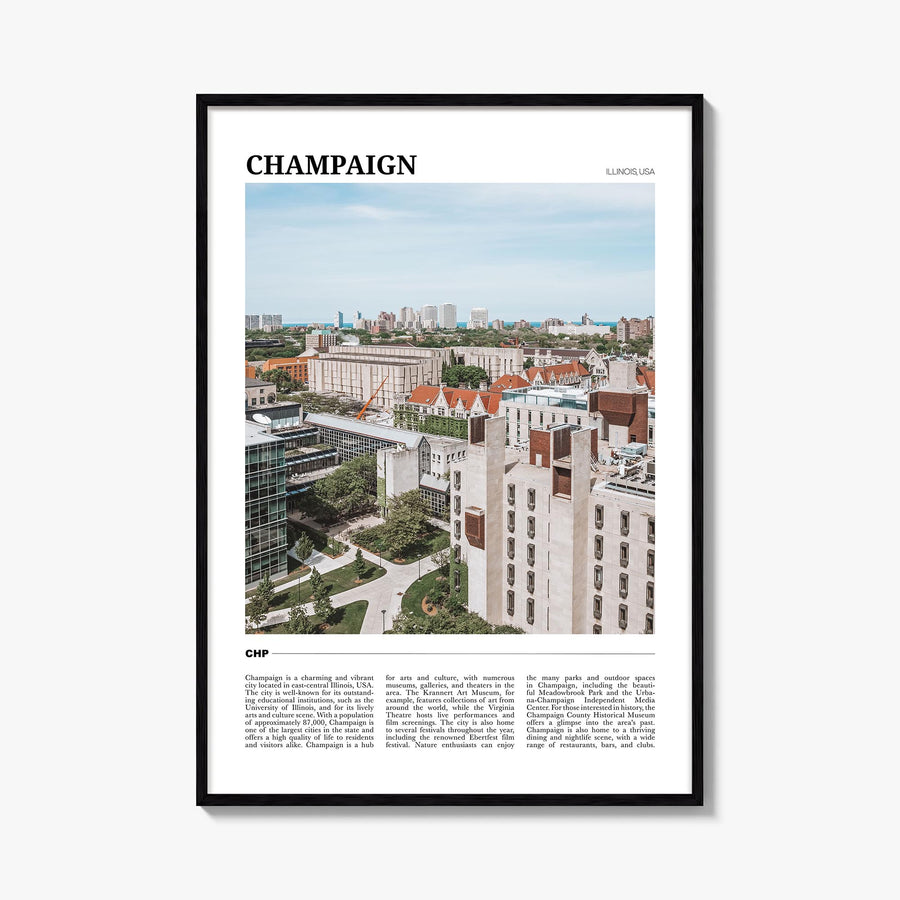 Champaign colorful travel poster of Illinois, USA – vertical wall art, unframed print shown in interior mockup