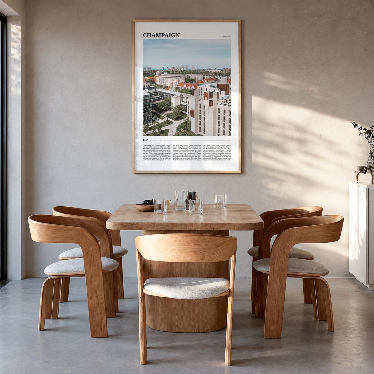 Champaign colorful travel poster of Illinois, USA – vertical wall art in natural wood frame, hanging on wall