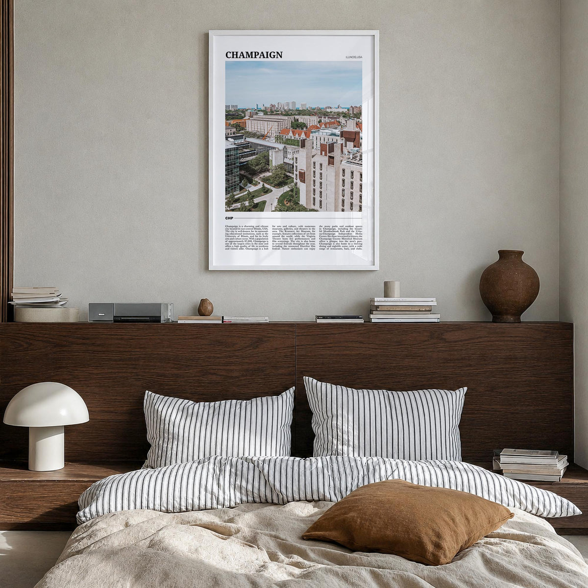 Champaign colorful travel poster of Illinois, USA – vertical wall art in white wood frame, hanging on wall