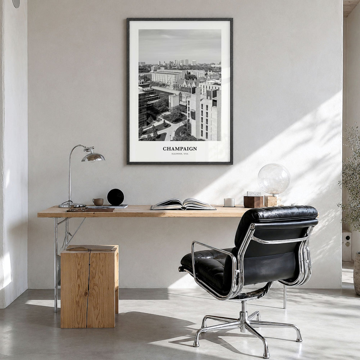 Champaign Classic Poster in a black wood frame, hanging in a bright home office