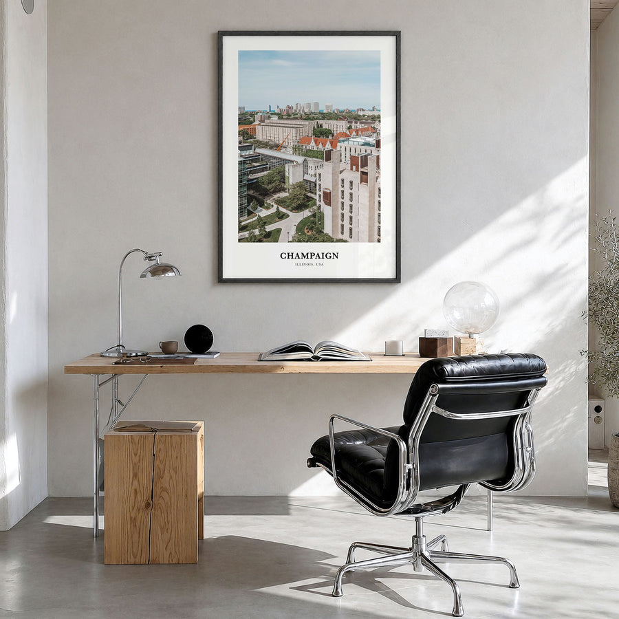 Champaign Classic Poster in a black wood frame, hanging in a bright home office