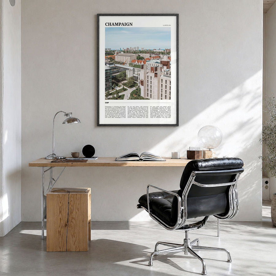 Champaign Travel Poster in a black wood frame, hanging in a bright home office