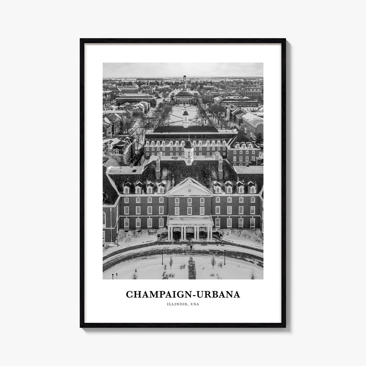 Champaign-Urbana black & white classic poster of Illinois, USA – vertical wall art, unframed print shown in interior mockup