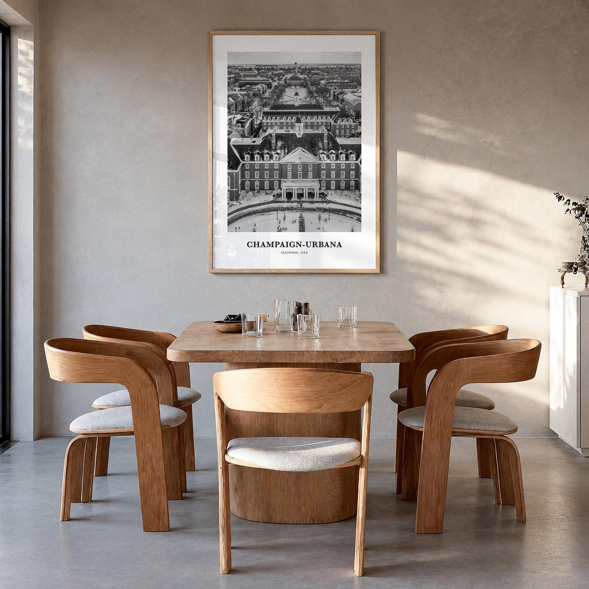 Champaign-Urbana black & white classic poster of Illinois, USA – vertical wall art in natural wood frame, hanging on wall