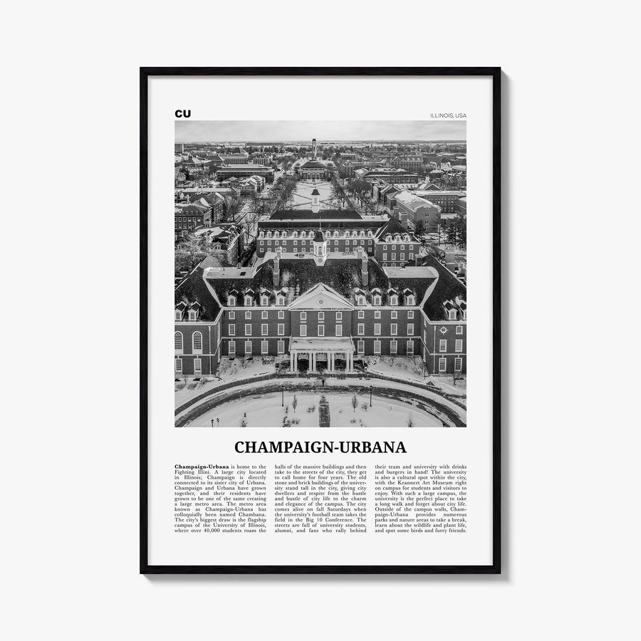Champaign-Urbana black & white newspaper poster of Illinois, USA – vertical wall art, unframed print shown in interior mockup