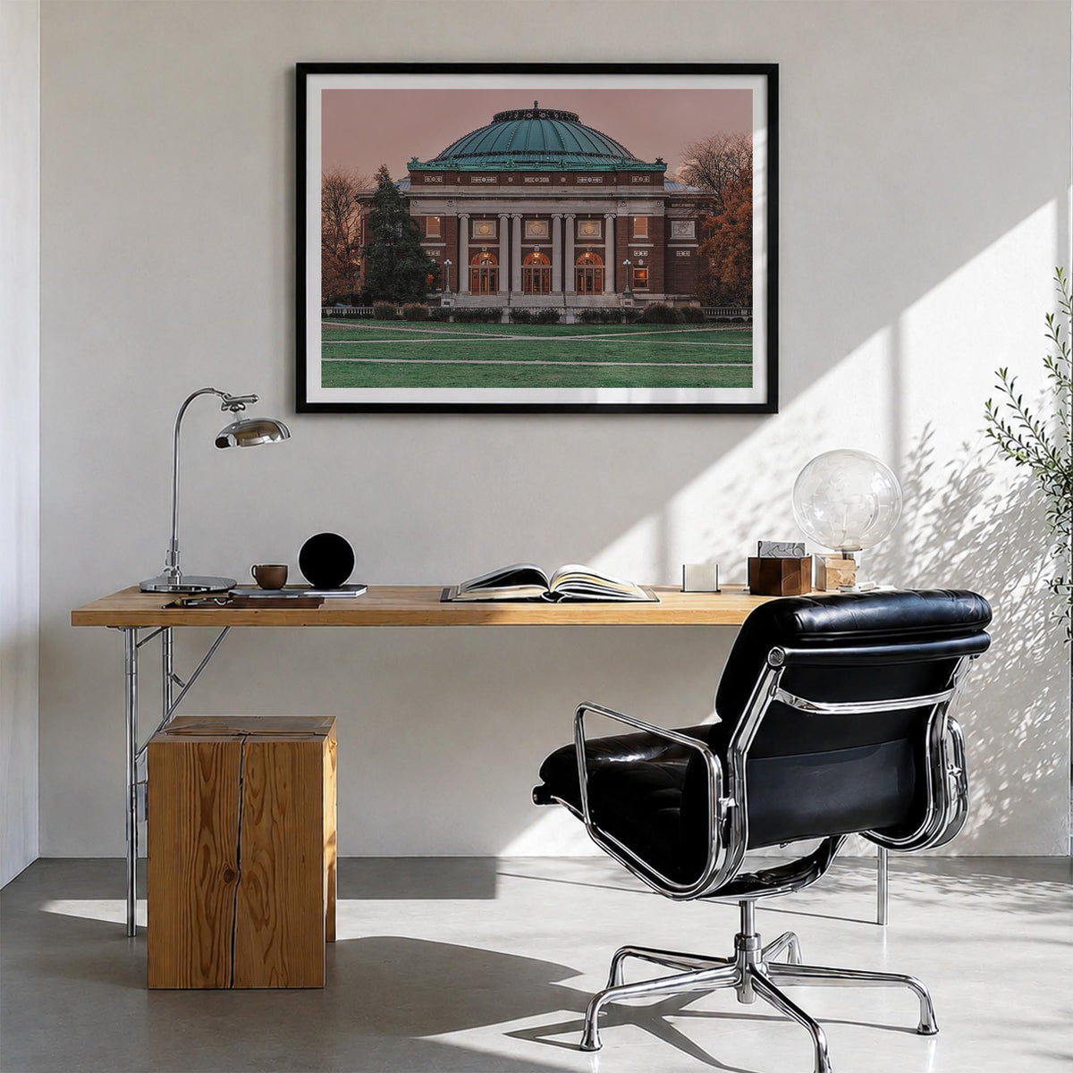 Champaign-Urbana colorful photo poster of Illinois, USA – horizontal wall art in black wood frame with white border, hanging 