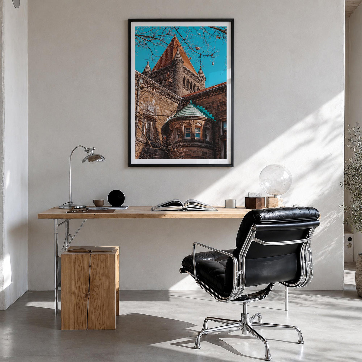 Champaign-Urbana colorful photo poster of Illinois, USA – vertical wall art in black wood frame with white border, hanging on