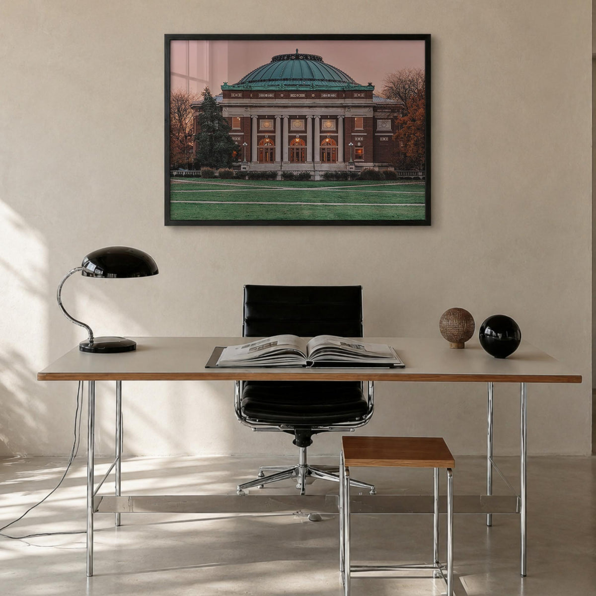 Champaign-Urbana colorful photo poster of Illinois, USA – horizontal wall art in black wood frame, hanging on wall