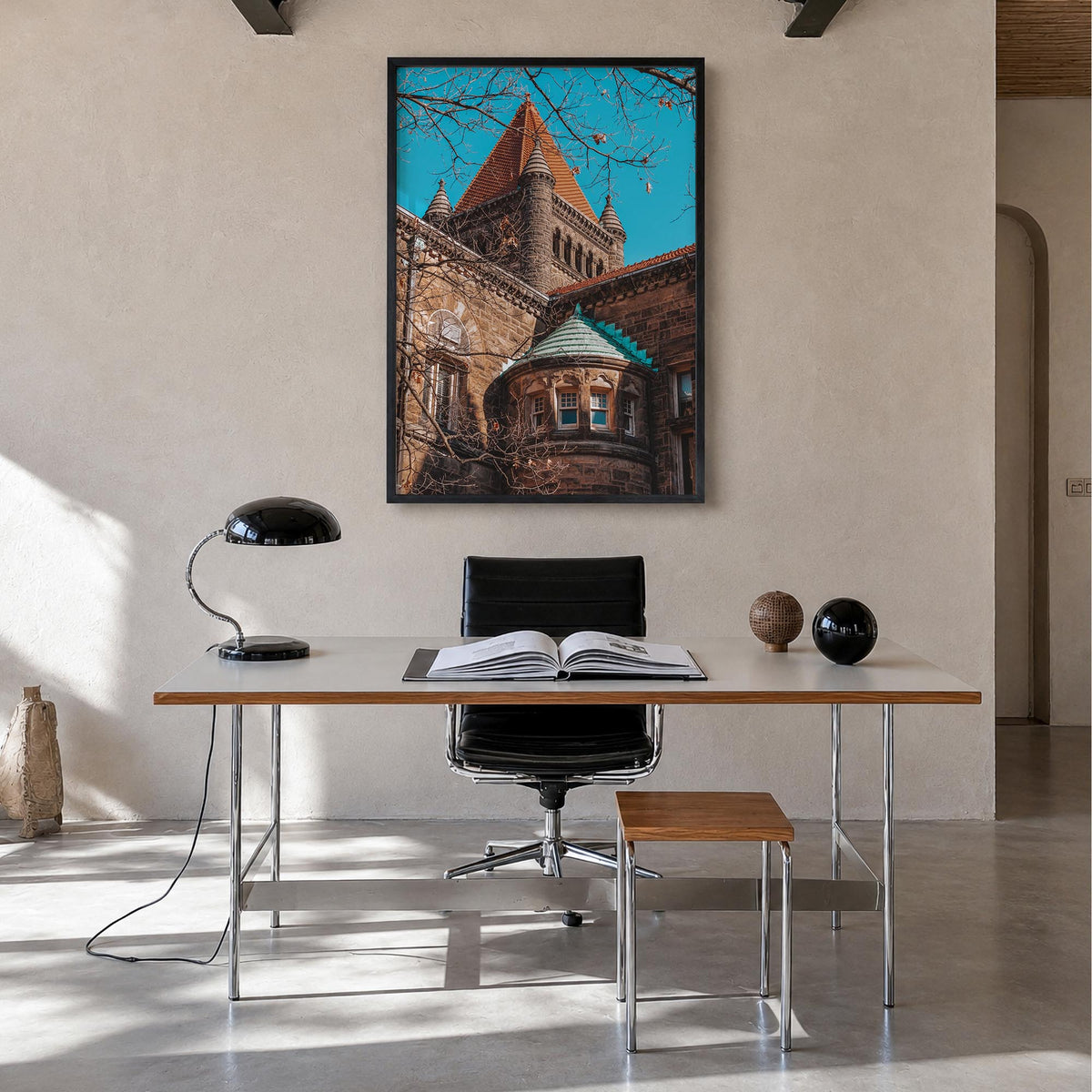 Champaign-Urbana colorful photo poster of Illinois, USA – vertical wall art in black wood frame, hanging on wall