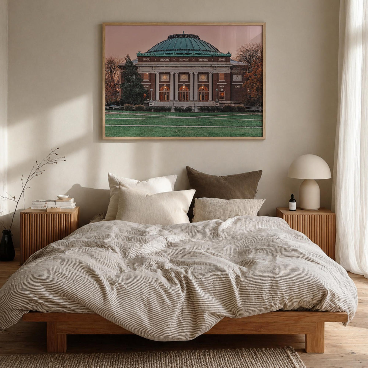 Champaign-Urbana colorful photo poster of Illinois, USA – horizontal wall art in natural wood frame, hanging on wall