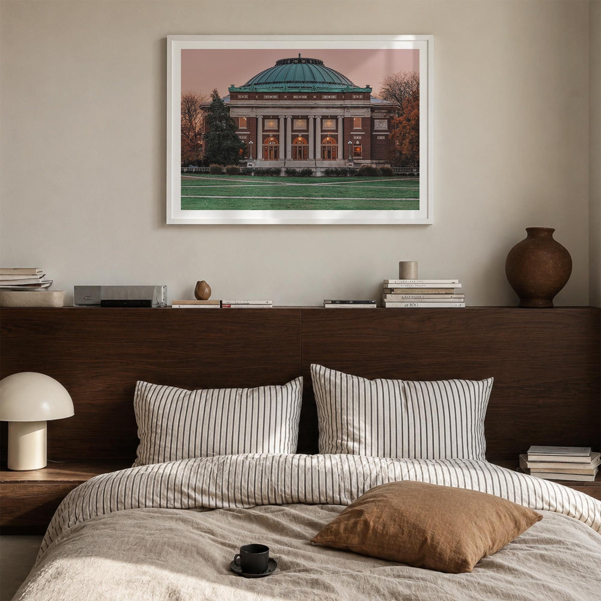 Champaign-Urbana colorful photo poster of Illinois, USA – horizontal wall art in white wood frame with white border, hanging 