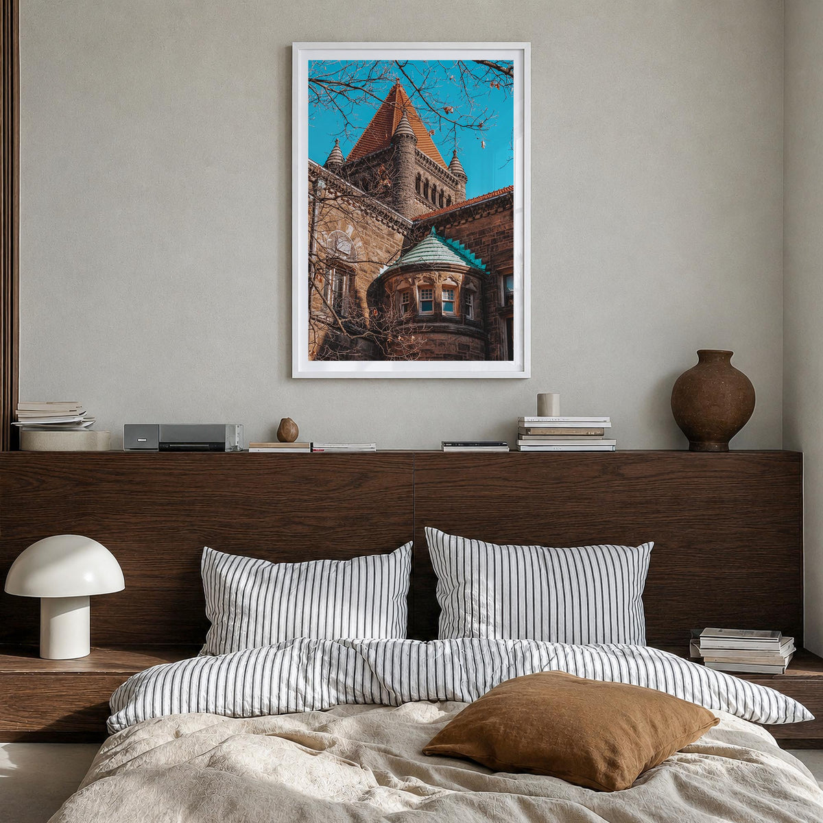 Champaign-Urbana colorful photo poster of Illinois, USA – vertical wall art in white wood frame with white border, hanging on