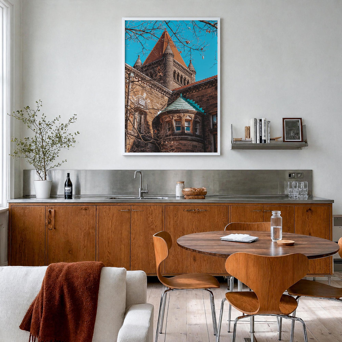 Champaign-Urbana colorful photo poster of Illinois, USA – vertical wall art in white wood frame, hanging on wall