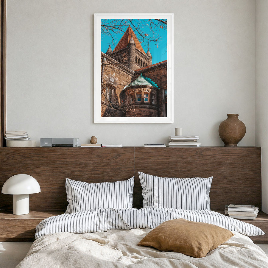 Champaign-Urbana Photo Poster in a white wood frame, hanging in a bedroom, white border