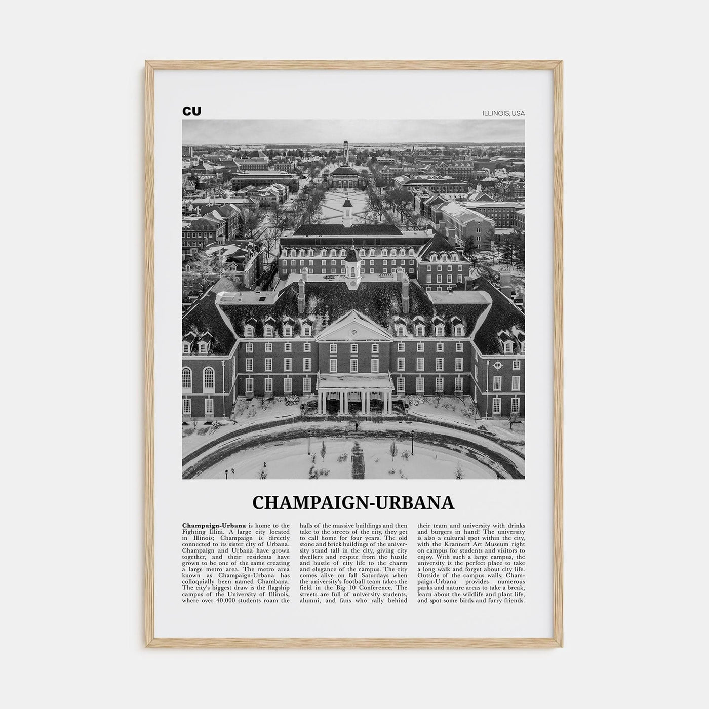 Champaign-Urbana Poster Natural Wood / 8x12 in Nbourhood Travel B&W Poster