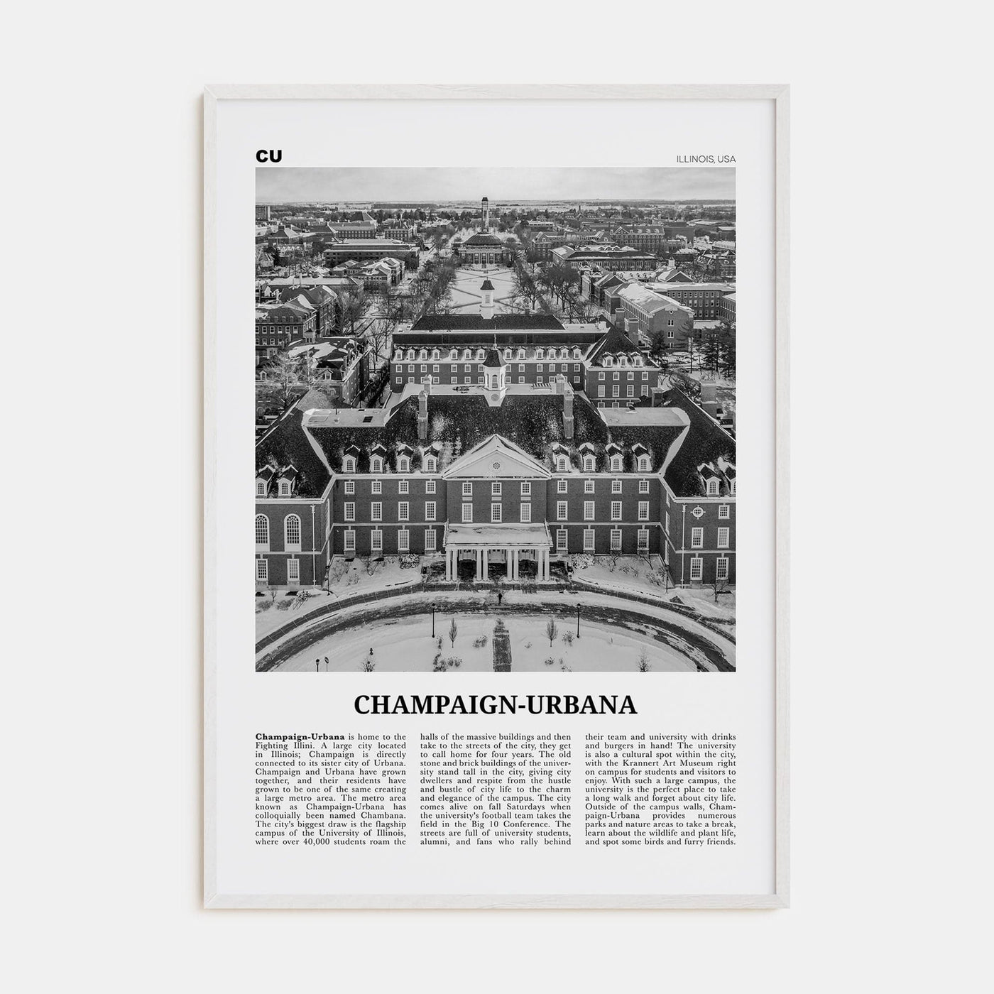 Champaign-Urbana Poster White Wood / 8x12 in Nbourhood Travel B&W Poster